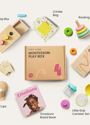 Flat lay of the Tiny Land® Montessori Complete Baby Set (0-24 months), featuring a peg drop box, crinkle bag, rocking stacker, egg cups, Emotions board book, canister set, and guide—perfect for sensory play and fine motor skill development.