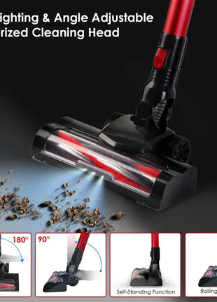 Cordless Vacuum Cleaner Lightweight Handheld Vacuum Upright Stick Floor Vacuum Battery Powered Mop With Lighting 2 Speeds 12000PA Suction 4 Tools Mount Bracket 180° Foldable