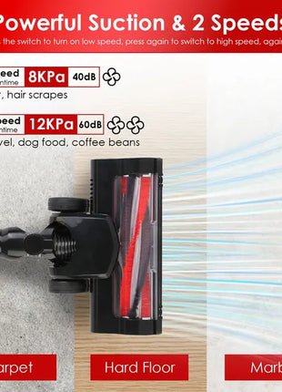 Cordless Vacuum Cleaner Lightweight Handheld Vacuum Upright Stick Floor Vacuum Battery Powered Mop With Lighting 2 Speeds 12000PA Suction 4 Tools Mount Bracket 180° Foldable