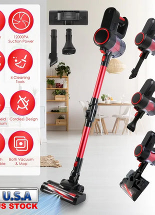 Cordless Vacuum Cleaner Lightweight Handheld Vacuum Upright Stick Floor Vacuum Battery Powered Mop With Lighting 2 Speeds 12000PA Suction 4 Tools Mount Bracket 180° Foldable