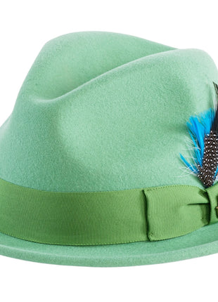 Ferrecci Brooks Trilby Soft 100% Australian Wool Felt Body with Removable Feather Lime Green Hat Great for Travel