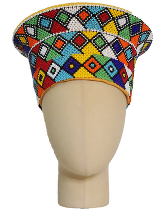 Zulu Beaded Basket Hat - Multicolored Checkered Triangle Pattern | Made in South Africa