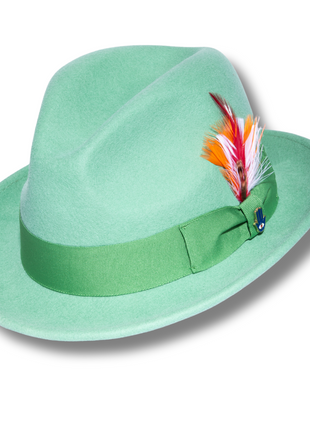 Ferrecci Brooks Trilby Soft 100% Australian Wool Felt Body with Removable Feather Lime Green Hat Great for Travel