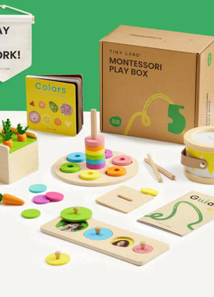 The Tiny Land® Montessori Complete Baby Set (0-24 months) features colorful wooden toys, a drum, toy vegetables, color board book, sensory play activities, an instructional guide, and a "PLAY IS WORK!" banner on a green and white background.