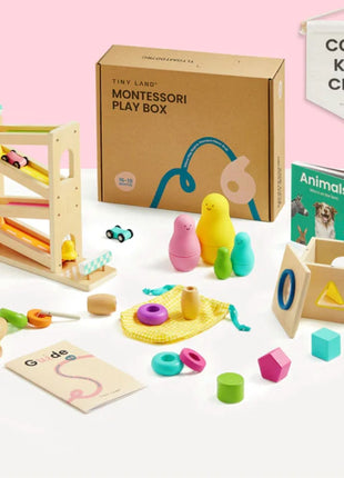The Tiny Land® Montessori Complete Baby Set (0-24 months) features a wooden ramp toy, stacking figures, shape sorter, fine motor beads, a small book, activity guide, and geometric shapes—arranged on a white surface under the Cool Kid Club banner.