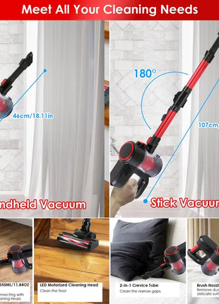 Cordless Vacuum Cleaner Lightweight Handheld Vacuum Upright Stick Floor Vacuum Battery Powered Mop With Lighting 2 Speeds 12000PA Suction 4 Tools Mount Bracket 180° Foldable